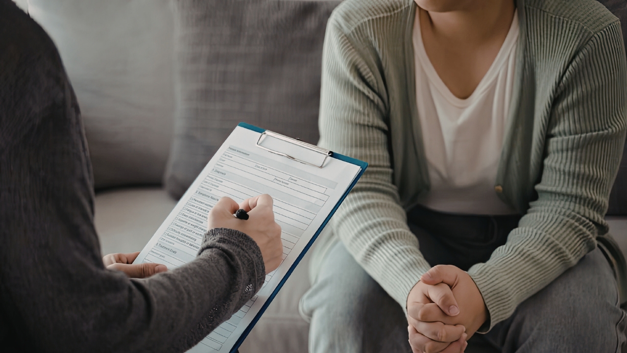 Therapist writing down words with patient